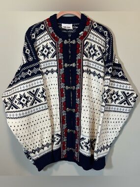 Voss Norway Fair Isle Wool Cardigan Sweater Blue White Large